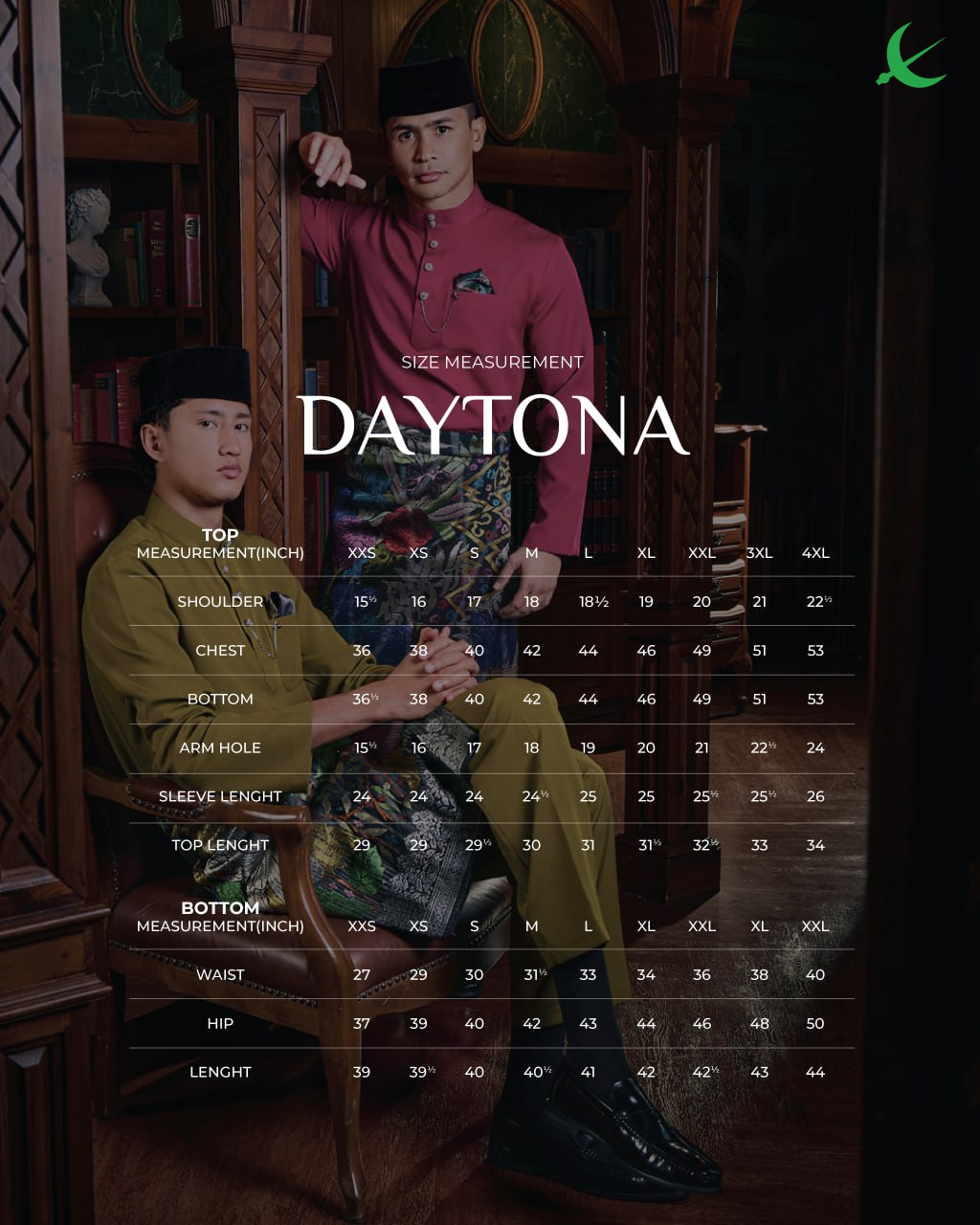 Baju Melayu Elrah Daytona Size Measurement
